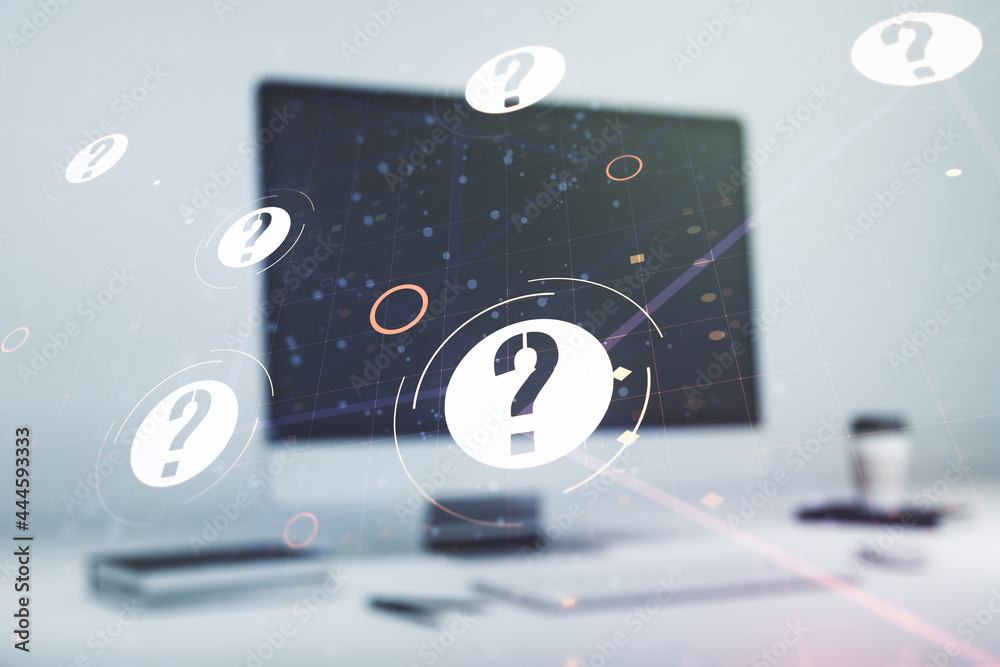 Aufkleber Creative abstract question mark hologram on modern computer background, future technology concept. Multi exposure