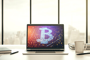 Creative Bitcoin concept on modern computer monitor. 3D Rendering