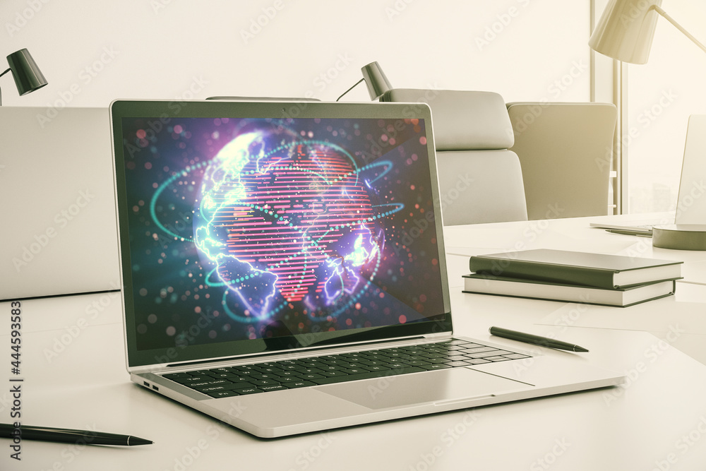 Poster abstract digital world map with connections on modern computer monitor, big data and blockchain conc