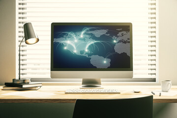 Modern computer monitor with abstract digital world map with connections, research and strategy concept. 3D Rendering