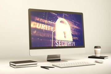 Creative lock sketch with chip hologram on modern computer monitor, protection of personal data concept. 3D Rendering
