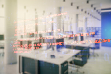 Multi exposure of abstract programming language hologram on a modern furnished office interior background, artificial intelligence and machine learning concept