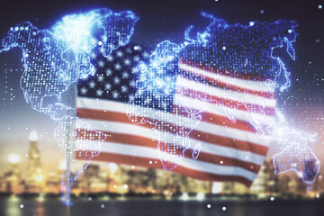 Multi exposure of abstract creative digital world map hologram on USA flag and blurry cityscape background, tourism and traveling concept