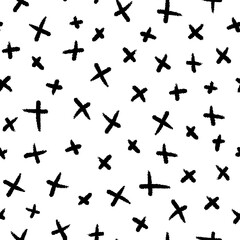 Black ink different small crosses isolated on white background. Monochrome geometric seamless pattern. Vector simple flat graphic hand drawn illustration. Texture.