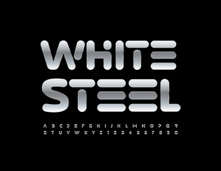 Vector White Steel Alphabet set. Futuristic metallic Font. Abstract shiny Letters and Numbers