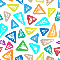 Bright colorful multicolored triangles isolated on white background. Cute colored geometric seamless pattern. Vector simple flat graphic hand drawn illustration. Texture.