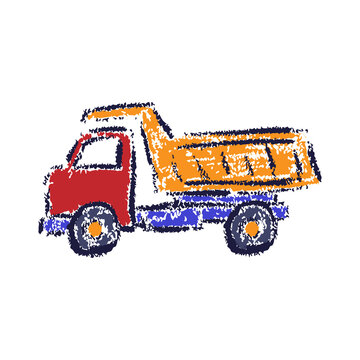 Dump truck child drawing icon. Colored silhouette. Side view. Vector simple flat graphic hand drawn illustration. The isolated object on a white background. Isolate.