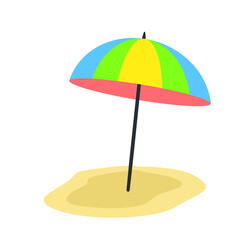 Beach umbrella. Color design. Summer accessory for sun protection on yellow sand.