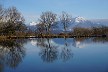 reflection of trees and mountains with snowy peaks in water on a blue day in the alps, france