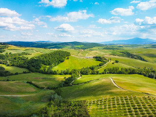 Pienza, Italy May 20 2021- aerial view of the Orcia valley in spring with drone