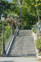outdoor stone stairs in the Parque de la Montaña in Madrid. Spain