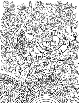 Ornamental bird coloring book page in folk, Indian, ethnic style