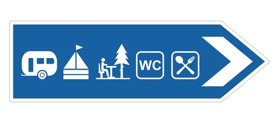 Obraz premium Road sign, set of pictogram on blue background, camping, vector icons