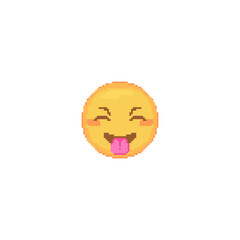 Pixel art teasing Emoji face icon. Vector cute pixel happy emoticon with Tongue. Cheerful Emoji in retro pixel 8 bit style. Squinting emoji yellow face isolated icon.