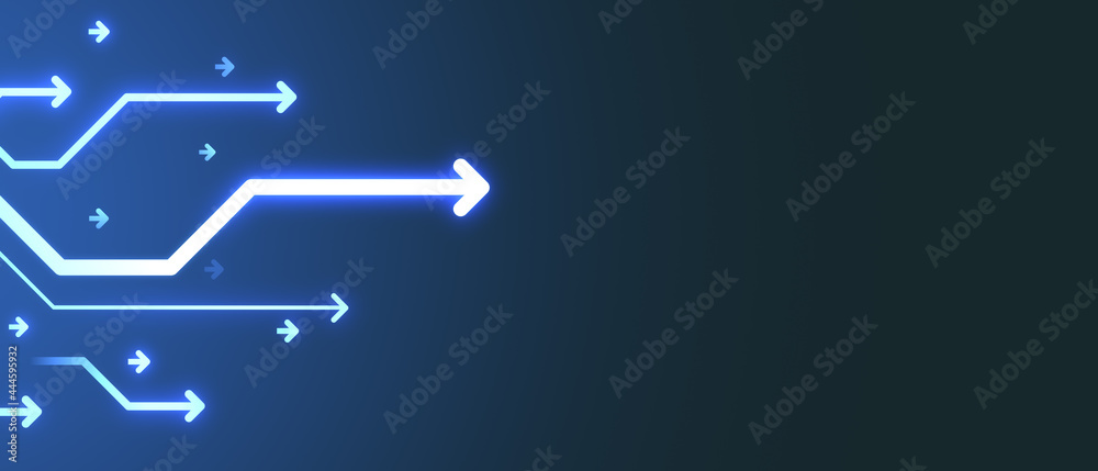 Poster Panoramic glowing digital arrows on blue background with mock up place. Digital transformation, growth and data concept. Landing page. 3D Rendering.