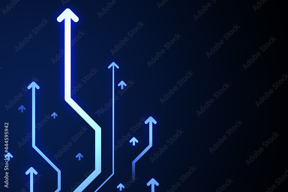 Poster abstract glowing digital arrows on blue wallpaper with mock up place. digital transformation, growth