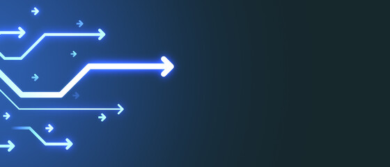 Panoramic glowing digital arrows on blue background with mock up place. Digital transformation, growth and data concept. Landing page. 3D Rendering.