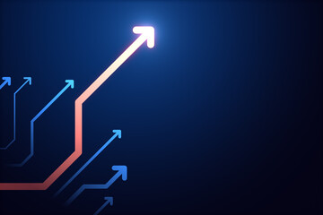 Abstract glowing digital arrows on blue backdrop with mock up place. Digital transformation, growth...