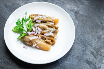 eggplant salad snack vegetable on the table meal copy space food background rustic. top view keto or paleo diet