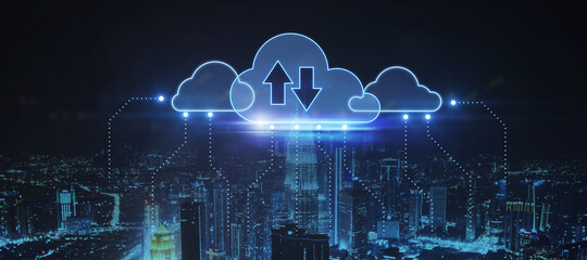 Creative glowing clouds hologram on dark blue night city background. Cloud computing and download concept. Double exposure.