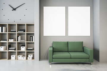 Modern waiting area in office with bookcase, comfortable green couch and empty poster on wall. Mock up, 3D Rendering.