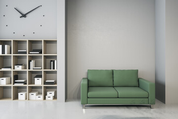 Modern waiting area in office with bookcase, comfortable green couch and mockup place on wall. Mock up, 3D Rendering.