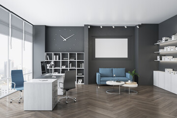 Modern office interior with bright city view, clock, wooden flooring, furniture, bookcase, empty...