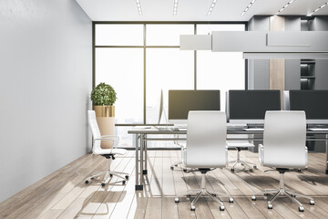 Clean coworking meeting room interior with bright city view and equipment. 3D Rendering.