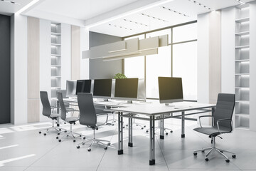 Bright coworking meeting room interior with bright city view and equipment. 3D Rendering.
