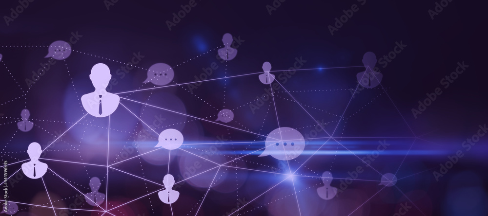 Poster creative glowing people connections hologram on purple background with mock up place. online recruit