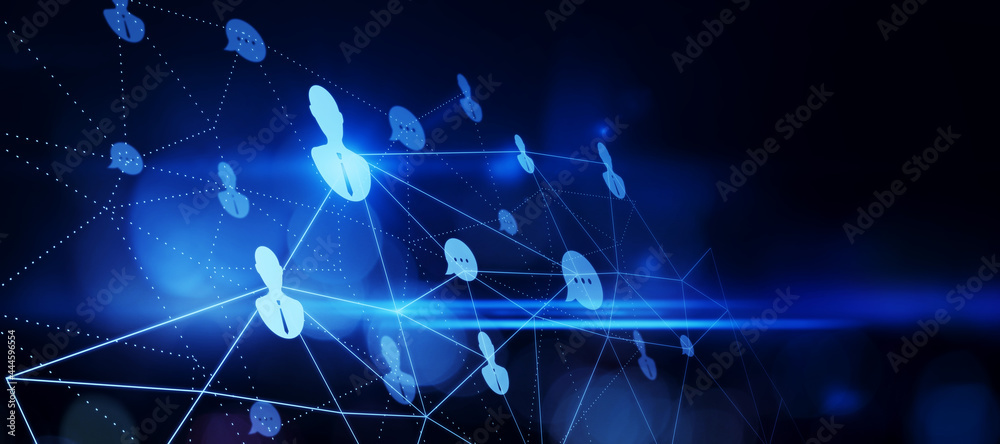 Poster creative glowing people connections hologram on blue background with mock up place. online recruitin