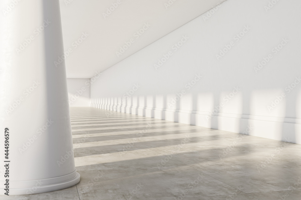 Poster bright white concrete interior with columns and mockup place. 3d rendering.