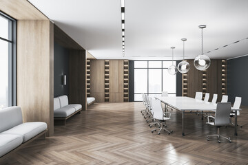 Modern spacious conference room interior with panoramic city view, shiny wooden flooring, daylight...