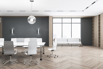 Luxury spacious conference room interior with panoramic city view, shiny wooden flooring, daylight and furniture. 3D Rendering.