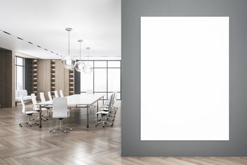 Modern spacious conference room interior with panoramic city view, shiny wooden flooring, daylight,...