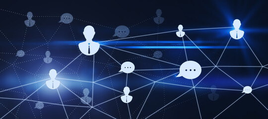 Wide glowing people connections hologram on blue background. Online recruiting, connectivity and network concept. 3D Rendering.