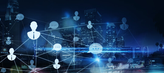 Creative glowing people connections hologram on night city background. Online recruiting, connectivity and network concept. Double exposure.