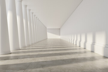Abstract white concrete interior with columns and mockup place. 3D Rendering.
