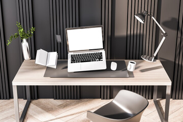 New hipster office interior with empty white laptop screen and other objects flying above desktop. Mock up, 3D Rendering.