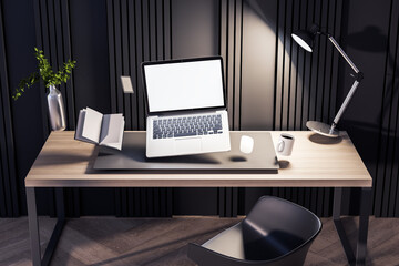 Clean hipster office interior with empty white laptop screen and other objects flying above desktop. Mock up, 3D Rendering.