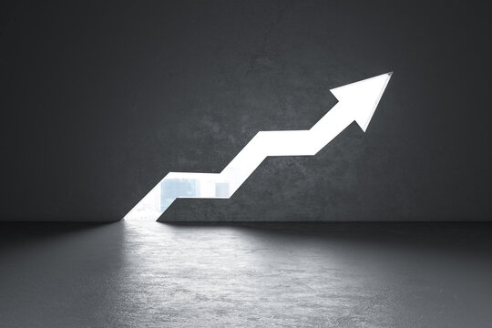 Glowing city view opening growing upward arrow in concrete interior. Success and growth concept. 3D Rendering.