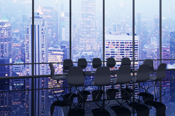 Stylish panoramic window meeting room interior with bright city view, furniture, reflections and...