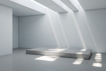 Contemporary concrete exhibition room interior with podium and empty mockup place. Mock up, 3D Rendering.