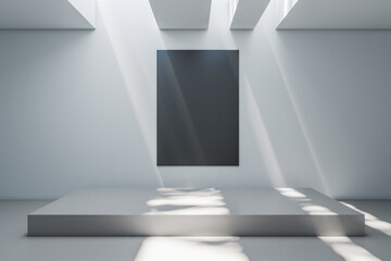 Modern concrete exhibition room interior with podium and empty black poster on wall. Mock up, 3D...