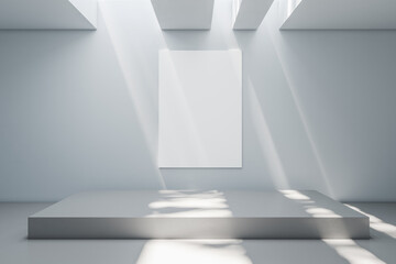 Modern concrete exhibition room interior with podium and empty white banner on wall. Mock up, 3D...