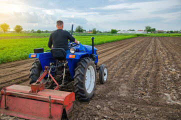 A farmer on a tractor looks at the farmer's field. Work on the plantation, preparing the soil for...