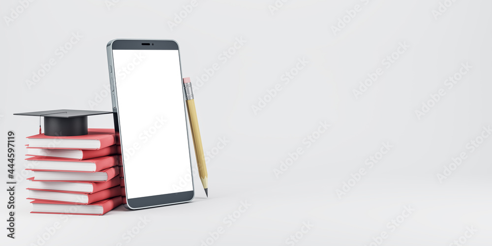 Poster empty white smart phone with book stack and graduation cap on light background. online education and