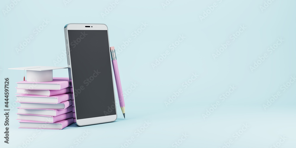 Aufkleber empty black mobile phone with book stack and graduation cap on light background. online education an