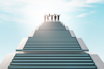 Cheerful businesspeople standing on top of staircase on bright sky background. Success, teamwork and achievement concept.