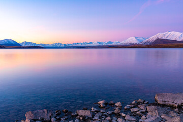 Lake Tekapo mountain landscape South Island New Zealand sunset - obrazy, fototapety, plakaty